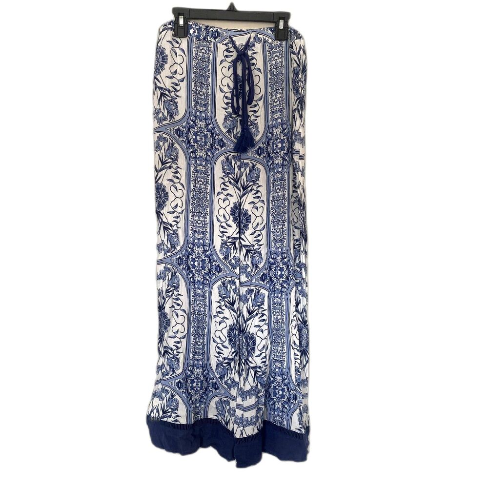 Abbeline Blue‎ White Floral Wide Leg Palazzo Pants Mediterannean Beach Small